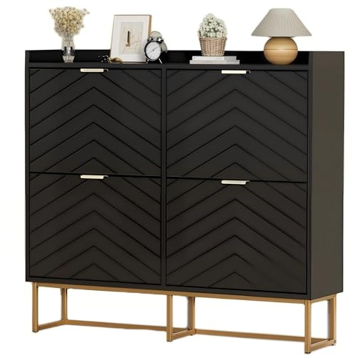 UEV Schuhschrank schmal mit 4 Klappen, Schuhkommode Flur Wohnzimmer Eingang, Schuhaufbewahrung mit Kippschutz, Schuhkipper, 100x24x103,5cm, Trennwände verstellbar für Verschiedene Schuhtypen schwarz
