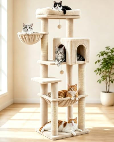 Kratzbaum 148cm Hoch - Holz Katzenbaum Stabil mit Großen Plattformen | für große Katzen Sisalstämme, Kratzrampe, Katzenhaus, Plüschbälle und Katzenbürste Hängematte, Korb, Kratzsäulen & Kippschutz