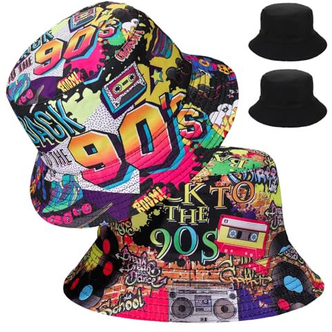 Halinuia 2 Stücke Retro 90er Fischerhüte Hip Hop Bucket Hat Rock Scrawl Fischerhut Modische Bucket Hat Anglerhut Sonnenhut Faltbar 90er Style Unisex Fishing Hut für Frauen Männer