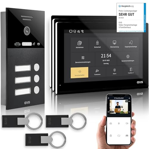 GVS IP Video Türsprechanlage 3 Familienhaus RFID Türöffner - 3X 10 Monitor | Smarte Video Türklingel mit Kamera und Monitor & App - Gegensprechanlage mit Türöffner (AVS5543U)