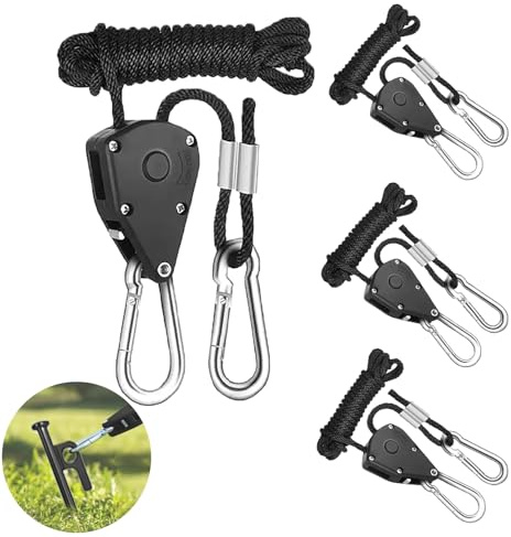 KEELYY 4 Pcs Corde à Cliquet avec Crochet Réglable, 2m Rope Ratchet Cordes avec 1/8 Pouces Tendeurs Sangle à Cliquet Corde pour Voile Ombrage, Lampe Plante