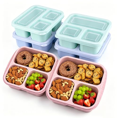 ZHUIYIWIN Snack Boxes (6 Pack), Reusable Bento Lunch Boxes with 3 Compartments for Kids Adults,Divided Food Storage Containers for School Work Travel, Multicolor