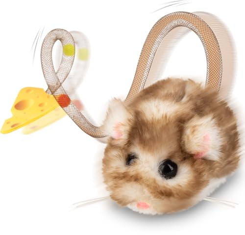 Migipaws Interactive MigiMouse Cat Toy 360° Rolling & Spin with Mesh Plastic Tail for Indoor Cats Smart Motion Sensor, Realistic Squeak, Rechargeable Plush Kitten Toy(Brown Long)
