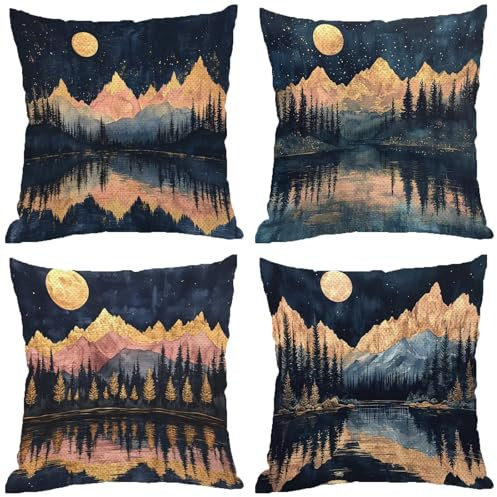 Fodere Cuscini da Esterno Impermeabili, Albero Federe Cuscini Divano 70x70 Quadrate Set di 4, Doppia Faccia Stampa Lino Cushion Covers Nero Cerniera Invisibile per Aesthetic Room Decor, Regalo Z-477