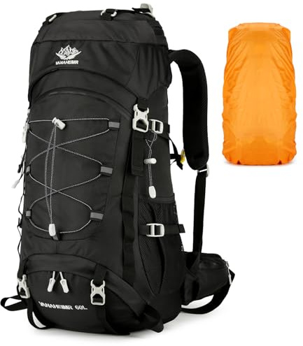 BAGROUPS Överlevnadsryggsäck 60 liter vattentät vandringsryggsäck lätt klättring resväska med fodral vandring stora bergsryggsäckar utomhus sport camping herr dam, svart, L