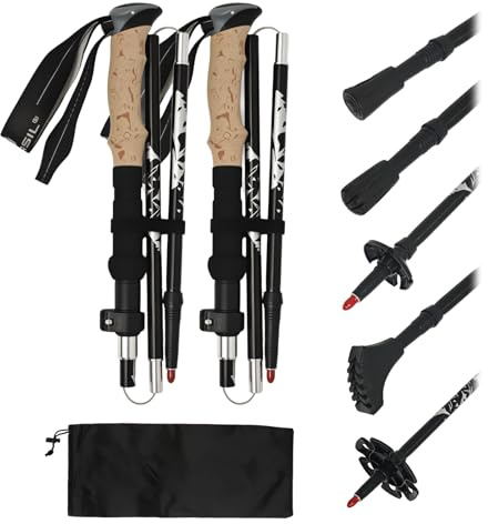 3-Fach Faltbare Nordic Walking Stöcke für Damen & Herren, 2 Stück Teleskop-Wanderstöcke verstellbar 110-125cm, Hochwertige Trekkingstöcke aus 7075 Aluminium mit 6 Gummipuffern & Tragetasche