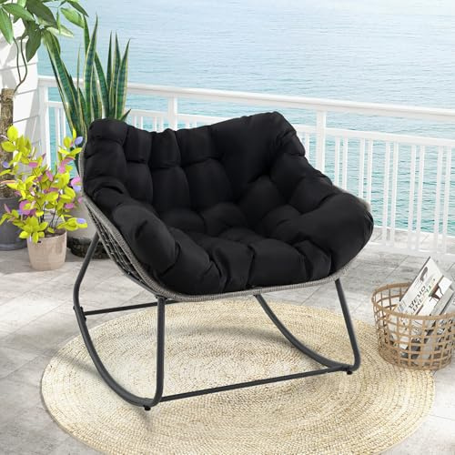 GIANTEX Schaukelstuhl Outdoor, Loungesessel Outdoor Rattan, Sessel Schaukelsessel mit dickem & abnehmbarem Kissen, Balkonsessel Outdoorsessel XXL, Relaxsessel für Balkon Garten Terrasse (Schwarz)