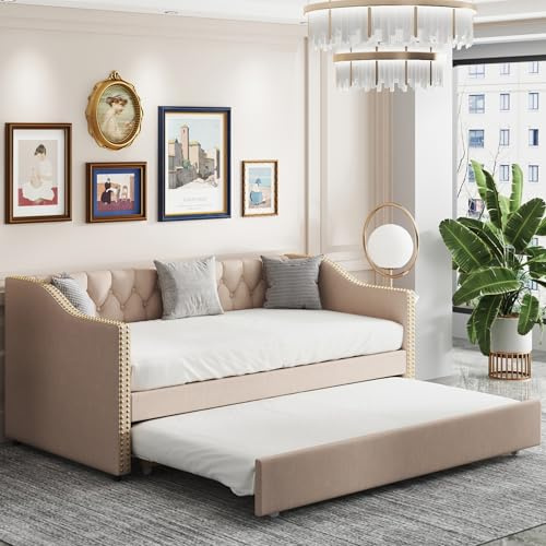 Polsterbett Kinderbett 90x200 cm, Holz Multifunktionsbett, Ausziehbarem Einzel Bett mit Rollen, Schlafsofa Chesterfield-Steppung, Jugendbett Massivholzbett mit Lattenrost, Leinen, Ohne Matratze, Braun