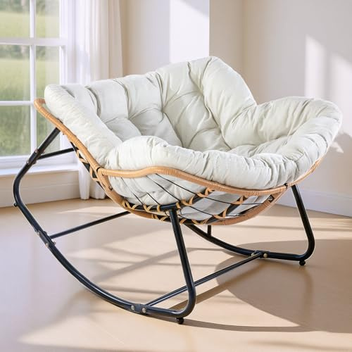 Nordswal Mecedora para exteriores e interiores, silla de mimbre de gran tamaño con cojín, soporta 450 libras, cómodas sillas mecedoras de ratán para sala de estar, patio, jardín