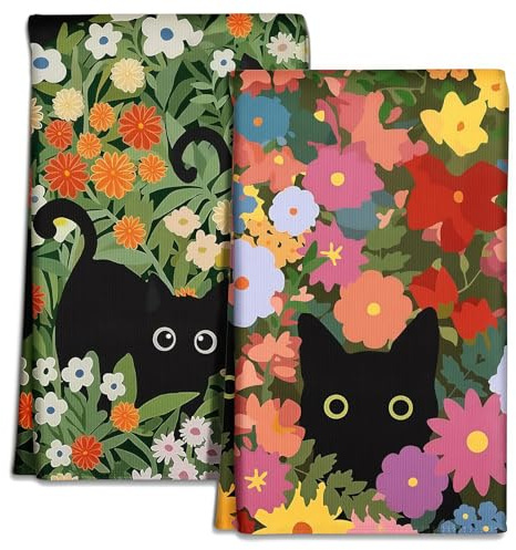 AstraGlam paños de Microfibra para Cocina – 2 paños de Cocina 45 x 66 cm, Toallas de Primavera con Motivos de Gatos y Flores, Suaves y absorbentes, diseño estético, Accesorios y decoración de Cocina