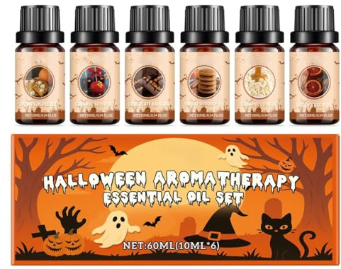 Teegxddy 6pcs Halloween Ätherisches Öle Set,Pumpkin Spice,Aromatherapie Duftöl Für Diffusor,Kürbiskuchen,Schokoriegel,Zimt-Zucker-Kekse,Karamellapfel,Karamellisierter Mais,Hexengebräu