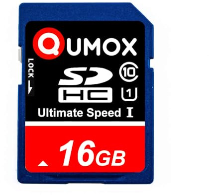 Qumox Tarjeta de Memoria SDHC 16GB UHS-I Clase 10 – hasta 40MB/s Lectura, 15MB/s Escritura – Tarjeta SD Fiable para Cámaras Réflex, Video, Juegos, Dash CAM y Grabación Full HD