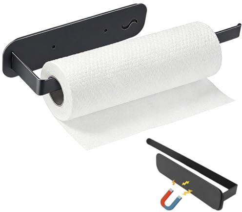 FuxFuis Porte Rouleau Magnétique, Support Rouleau de Cuisine, Porte Essuie Tout Sans Perçage, Essuie-Tout Magnétique avec Barre Métallique, Support Sopalin Noir, Dérouleur Sopalin pour Salle de Bain