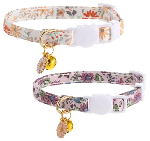 2 Pcs Cat Collar with Bell, Safety Adjustable Cat Collars, Cotton Breakaway Kitten Collar Set Daisy Shaped Pendant Kitten Collars Quick Release with Removeable Bell