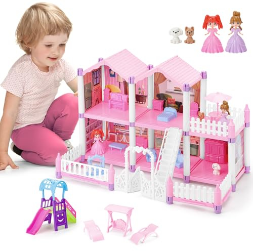 deAO Casa delle Bambole Piccola con 2 Bambole, Mobili e Accessori, Rosa | Plastica, 48×27×34 cm, Villa dei Sogni, 5 Stanze, Terrazza, Giardino, Scivolo, Altalene, Gioco Creativo per Bambine 3+ Anni