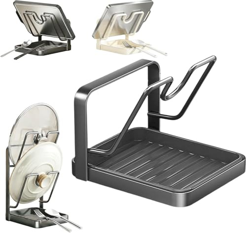 Porte Couvercle Cuisine, Support Couvercle Casserole, Support De Rangement Pour Couvercles De Casseroles De Cuisine, Multifonction Avec Repose Cuillère, Avec Bac D'égouttage (Gris,Couche unique)