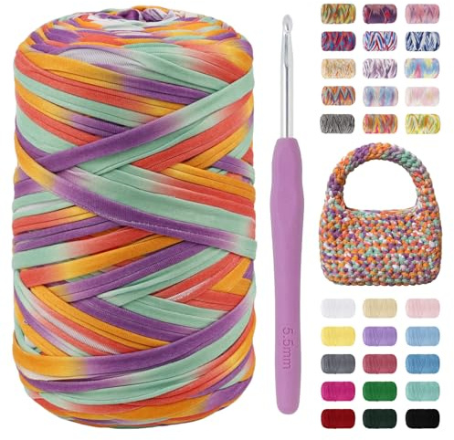 LEREATI Fettuccia per Borse a Uncinetto, 400g/150m Filato per Uncinetto Multicolore Crochet Yarn, Fettuccia Elastica per Borse, Cestini, DIY Artigianato, Decorazioni Casa (Verde Rosso Viola)