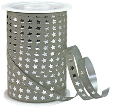 Ringelband, Geschenkband, Polyband, Sterne, Sandstein/Silber, 10 mm x 100 m, 1 Rolle(n)