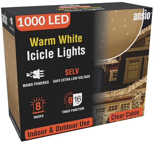 ANSIO® Outdoor Christmas Lights 1000 LED 35m/112ft Icicle Lights Outdoor & Indoor Warm White Decorations String Fairy Outside Lights with Timer for Xmas Garden & Party | Mains Powered Clear Cable