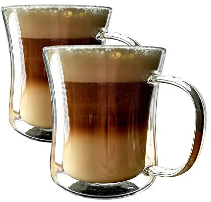 MAMMOTH Glass 2x250ml Double Walled Heat Resistant Borosilicate Glasses. Mugs and Cups for Coffee Latte Cappuccino Macchiato Flat White Tea Hot Chocolate Beer Chilled Drinks & Icecream