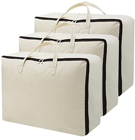 Große weiche Bettwäsche Tasche aus Segeltuch, Pullover mit Reißverschluss aus Naturbaumwolle | Aufbewahrungstasche für Schränke und unter dem Bett, Garment Organizer Bag für Garderobe | 3er Pack