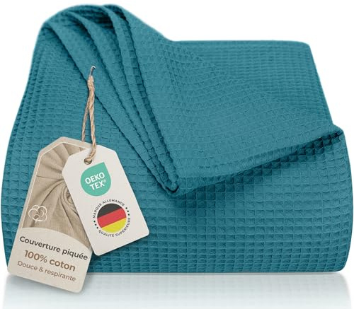 LAYNENBURG Premium Tagesdecke 220 x 240 cm XXL - Waffelpique 100% Baumwolle - leichte Wohndecke Waffeloptik - Baumwolldecke Bett-Überwurf, Sofa-Überwurf, Couch-Überwurf - Sofa-Decke (Petrol)