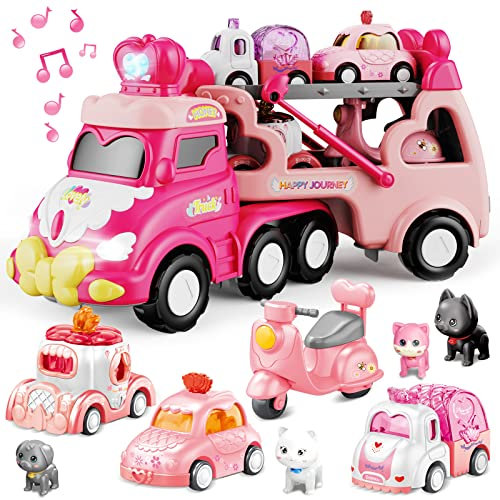 seveclotree Spielzeug Auto ab 2 Jahren Mädchen,9 in 1 Kleinkinder Transporter LKW Spielzeug mit Licht und Musik,Kinderspielzeug Weihnachten Geburtstag für 3 4 5 6 Mädchen Jungen