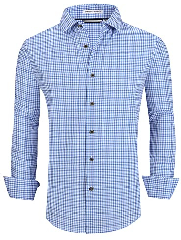 Alex Vando Mens Button Down Shirts Wrinkle Free 4-Way Stretch Print Business Casual Shirt,Blue Plaid,M