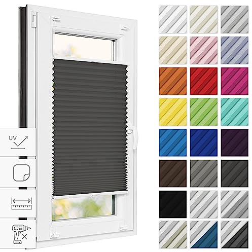 Estika Thermo Plissee zum Kleben verdunkelung 90 cm x 50 cm - Blackout: Graphit-Weiß - Klebeplissee, Plissee ohne Bohren, Plisees ohne Bohren Blickdicht, Verdunklungsplissee