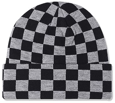 LumiSyne Strickmütze Für Damen Herren Schachbrett Kariert Muster Doppelter Zweck Mütze Mit Bündchen Und Slouchy Beanie Doppellagiger Stoff Stretchy Warme Baggy Skull Cap Winter Mütze Für Outdoor