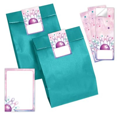 Mitgebsel Kindergeburtstag Mädchen 6 Mini-Notizblöcke + 6 Geschenktüten (Petrol) + 6 Aufkleber Bowling Kegeln Gastgeschenke für Mädchengeburtstag