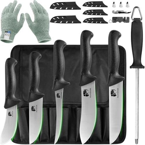 FULLHI 11PCS Juego de Cuchillos de Carnicero, Cuchillo deshuesador antideslizante Juego de Cuchillos de Chef de Acero Inoxidable, Procesamiento de Carne para Cocina Casera, Matadero y Restaurante