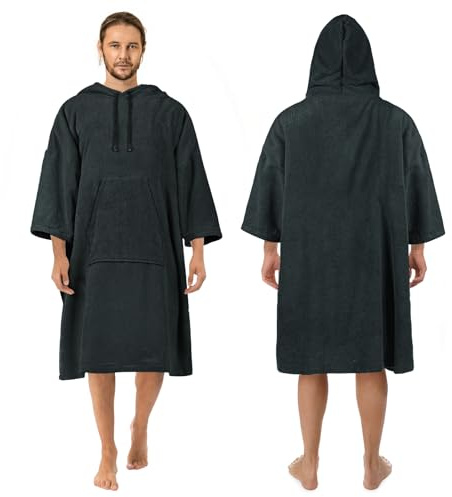 Zingtto Surfponcho, aufrollbar, 3/4-Ärmel, extra groß, dick, mit Kapuze, Handtuch, Poncho für Männer und Frauen, Strand, Schwimmen, 109,2 x 88,9 cm, Schwarz