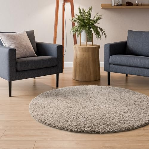 Interiyou Hochflor Teppich Sofia - 120x120 cm Rund Beige - flauschig und einfarbig - waschbar und rutschfest - weicher Langflor