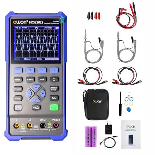 Oscilloscopio multimetro portatile OWON, 2 canali larghezza di banda 200 MHz frequenza di campionamento 1 GS/s, 20000 conteggi, oscilloscopio digitale portatile 3 in 1 per uso automobilistico HDS2202S