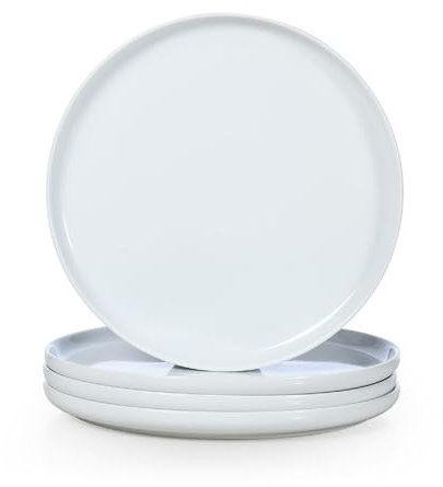 WishDeco Set di 4 piatti piani in ceramica, grandi piatti da portata da 27 cm, piatti rotondi bianchi, piatti da portata in porcellana per insalata, pizza, bistecca, buffet, microonde e lavabili in