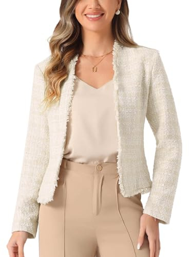 Allegra K Plaid Tweed Blazer for Women's Long Sleeve Open Front Work Office Jacket Small Beige