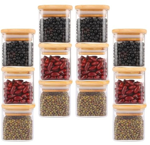 Cobenga 12 tarros de especias de cristal con tapa de bambú, bote hermético de 150 ml, juego de recipientes de almacenamiento de alimentos para cocina con etiquetas negras, tarros de condimentos