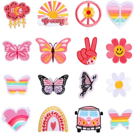 16 Stück Patches zum Aufbügeln,Bügelflicken Kinder Erwachsene,Schmetterling Aufnäher zum Aufbügeln,Sticker zum Aufbügeln,Liebevoll Bügelpatch für Jacken,Jeans,Hosen,Rucksäcke