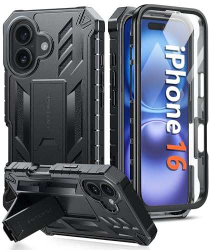FNTCASE for iPhone 16 Case with Built-in Screen Protector and Kickstand | 20FT Military-Grade Drop Protection, Anti-Slip Matte Textured, Rugged Heavy Duty Shockproof TPU Protective Cover, Black