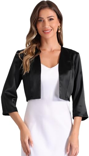 Allegra K Mujer Cárdigan de Satén Bolero Elegante Manga 3/4 Frente Abierto Recortado Shrug de Boda para Cóctel Negro XL