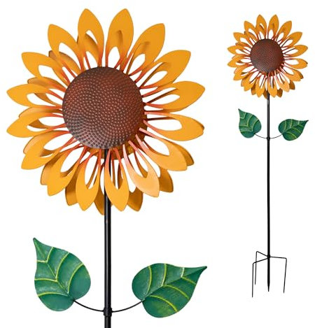 LEMODO Garten Windrad “Sunflower”, Windspiel mit stabilem Bodenstecker Gartendeko in 2 Höhen aufbaubar, Gartenstecker 213 cm hoch, Windmühle in Sonnenblumen-Optik, Windskulptur mit Charme