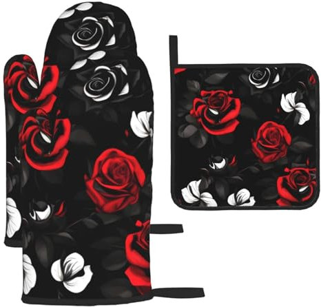 Set di 3 guanti da forno e presine con rose natalizie, resistenti al calore, ideali come regalo per cucinare