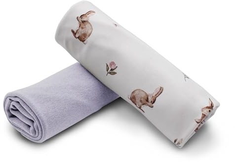 Stoffpaket 0,5m Jersey + 0,5m Bündchenstoff zum Nähen von Kinderkleidung Kinderstoff Jerseystoff (Hase mit Blumen Digital + Hell Lavendel Set33)