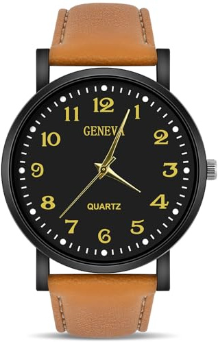 OFFCUP Armbandsur herr, analog kvartsur för män klockor minimalistisk herrklocka med läderarmband och stor urtavla, klassisk affärer lätt att läsa av, Svart brun – preppy-stil, Rem