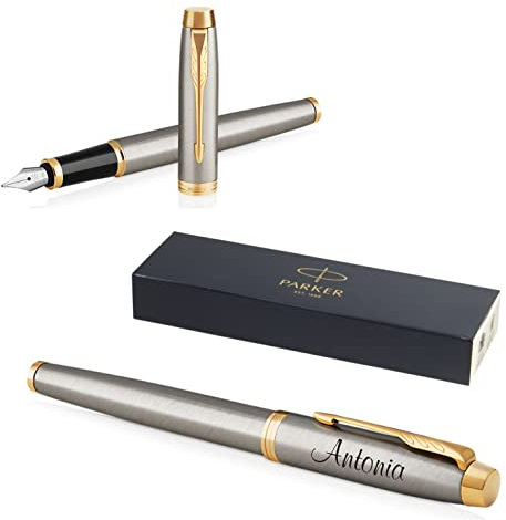 PARKER IM Core Füllfederhalter mit Gravur | Premium Stift | Geschenkbox | blaue Tinte | personalisiertes Geschenk | Namen | graviert | Füller | Geburtstag Geschenkidee (Brushed Metal G.C.)
