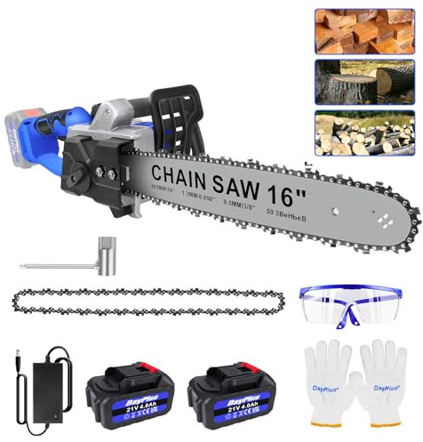 Cordless Electric Chainsaw - 16 Inch (40cm) Bar and Chain, Metal Gearing, Saw Kickback Protection, Tool-Free Tensioning - Power Saw for Effortless Cutting of Wood, Trees and Branches