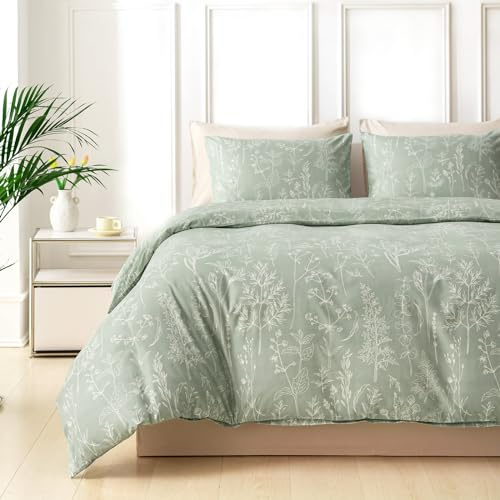 Tokokimo Bettwäsche 200x220 3teilig - Bettwäsche-Sets mit 2 Kopfkissenbezüge mit Reißverschluss 80x80 cm - Handbemaltes Blumenmuster Mikrofaser Bettbezug mit Reißverschluss, Salbei Grün