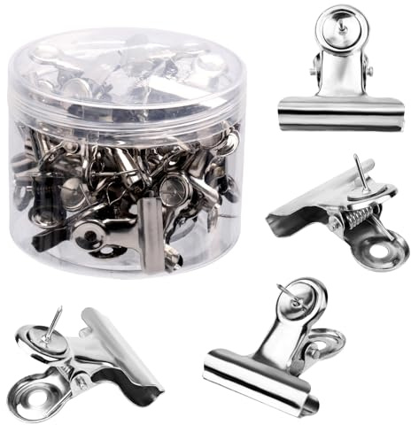 30st Reißzwecken Klammern, Bulldog Klammern mit Anstecknadeln Metall Reißzweckenhalter Pinnwand Korktafel Zubehör für Home Office Arbeitsflächen (Silber)