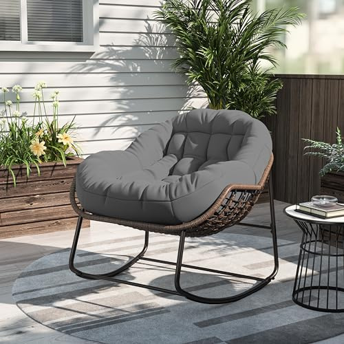 Marooma Sedia a dondolo in rattan per esterni con cuscino, sedie da lettura moderne e confortevoli, sedie a dondolo da giardino di grandi terrazze, per il balcone del patio del soggiorno, tempo libero